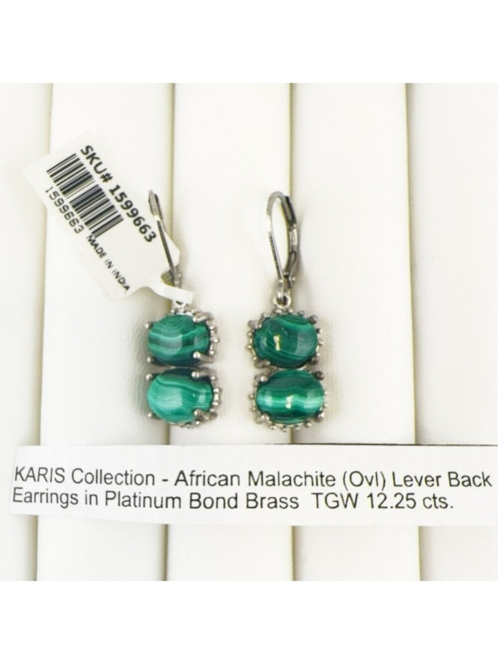 JTV Malachite Earrings Green Drop Dangle Lever Back 12.25 carats Cabochon Unworn